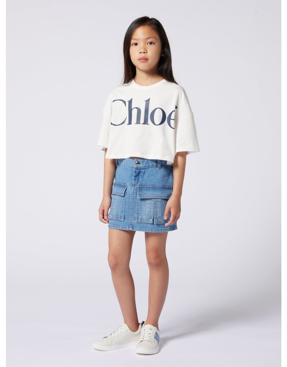 Chloé Girls Patch Pocket Denim Skirt in Blue