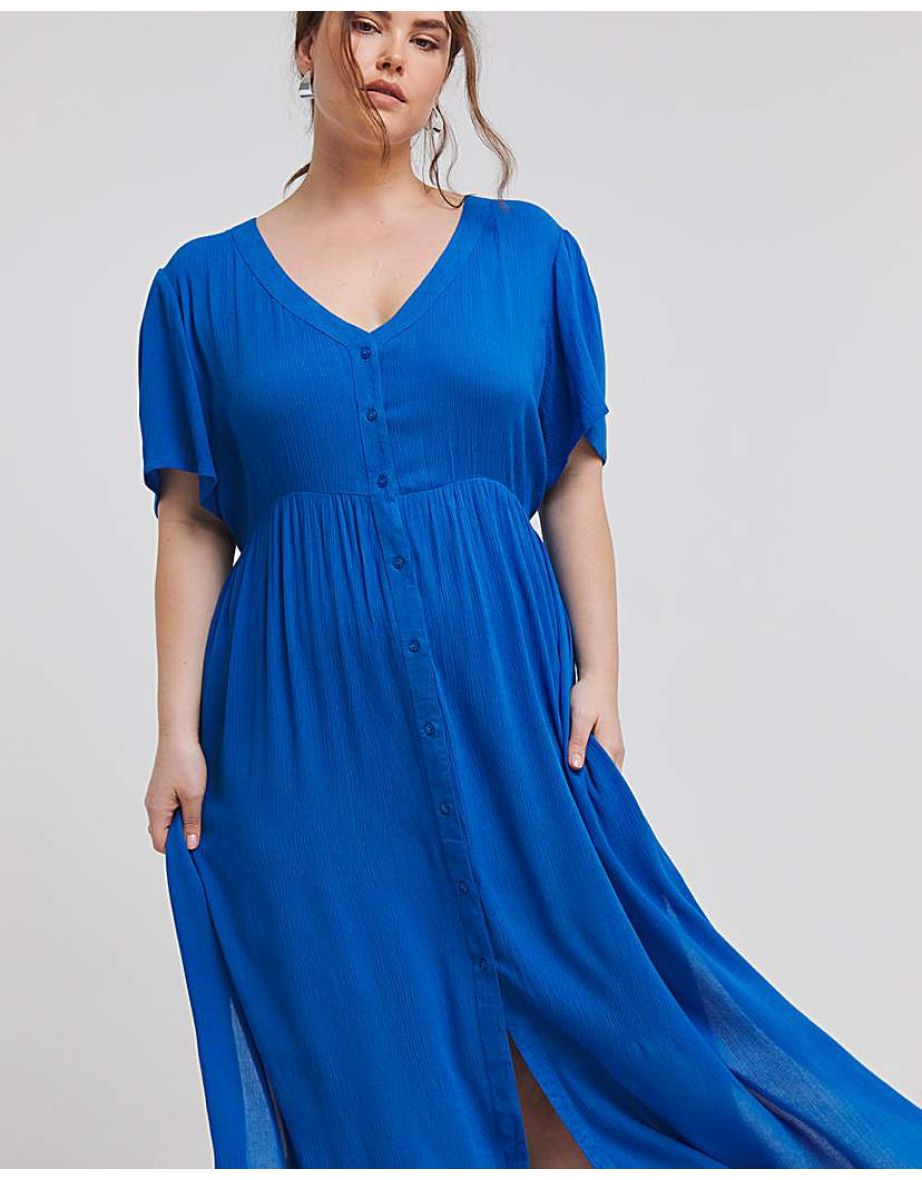 Blue Crinkle Button Up Maxi Dress - 3