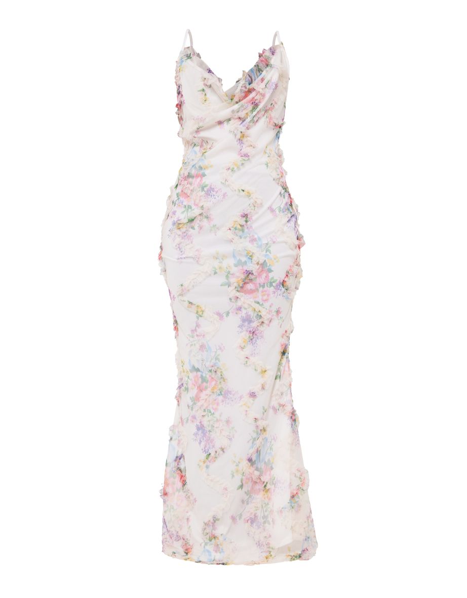 Multi Floral Printed Textured Cowl Neck Maxi Dress - 4