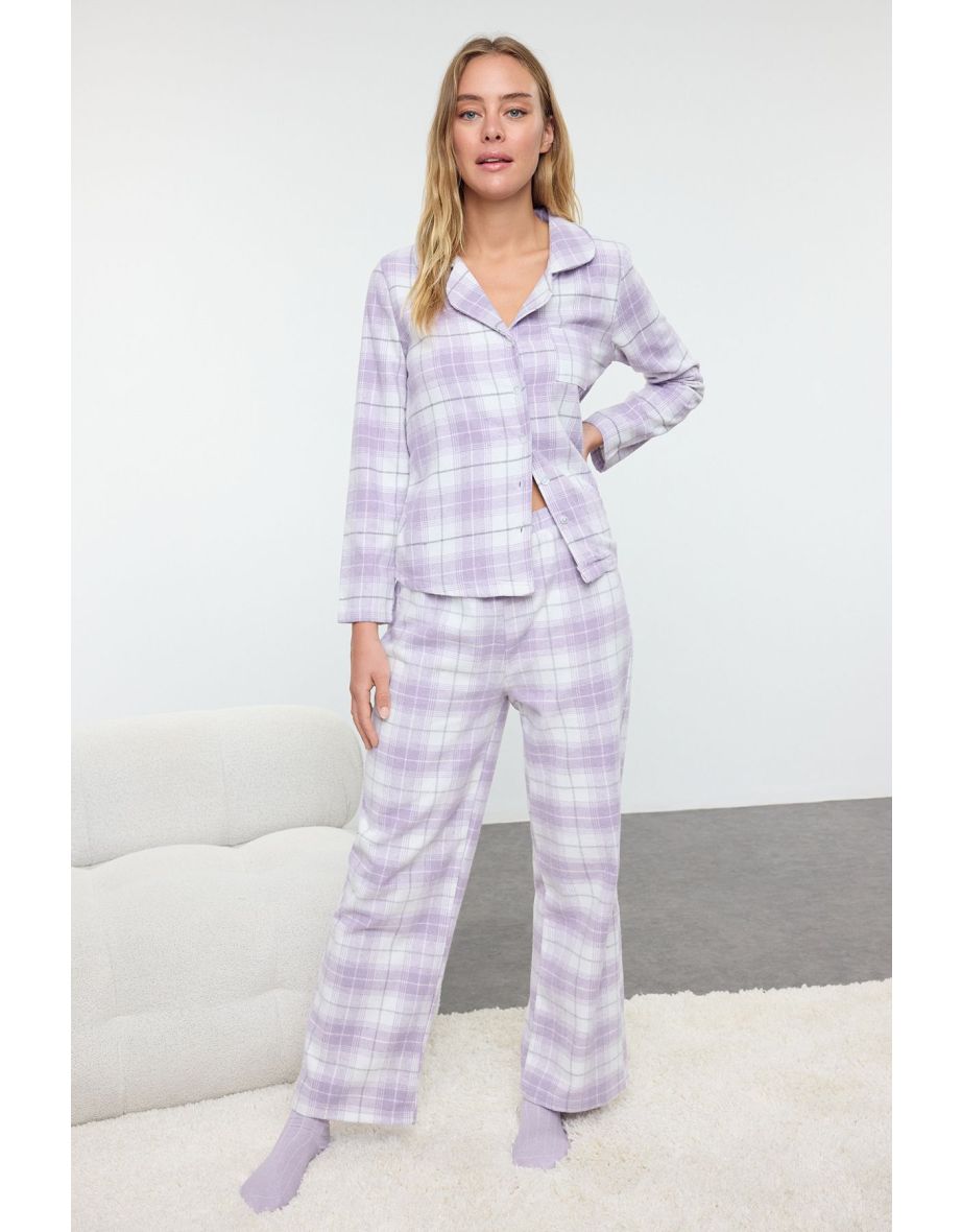 Lilac Cotton Plaid Pocket Detailed Woven Pajama Set