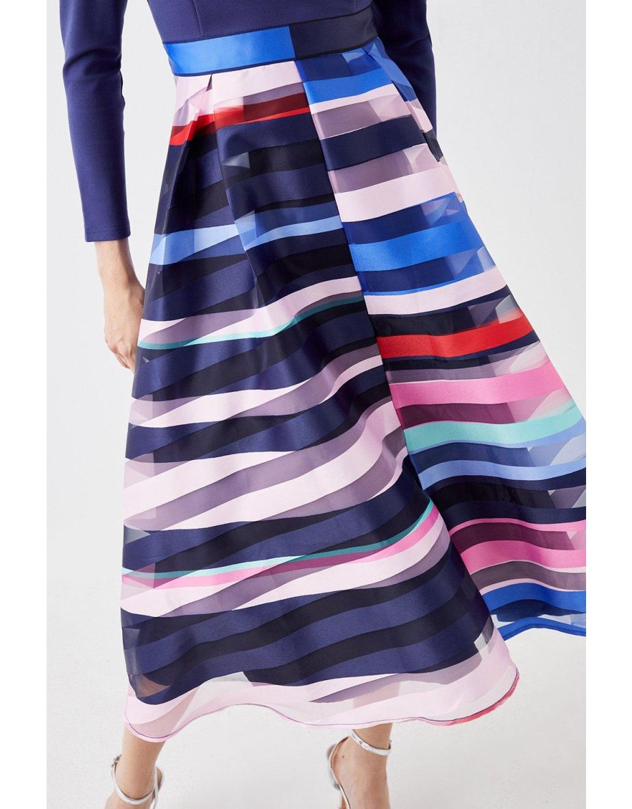 2 In 1 Long Sleeve Boat Neck Midi Dress With Twill Skirt - 3