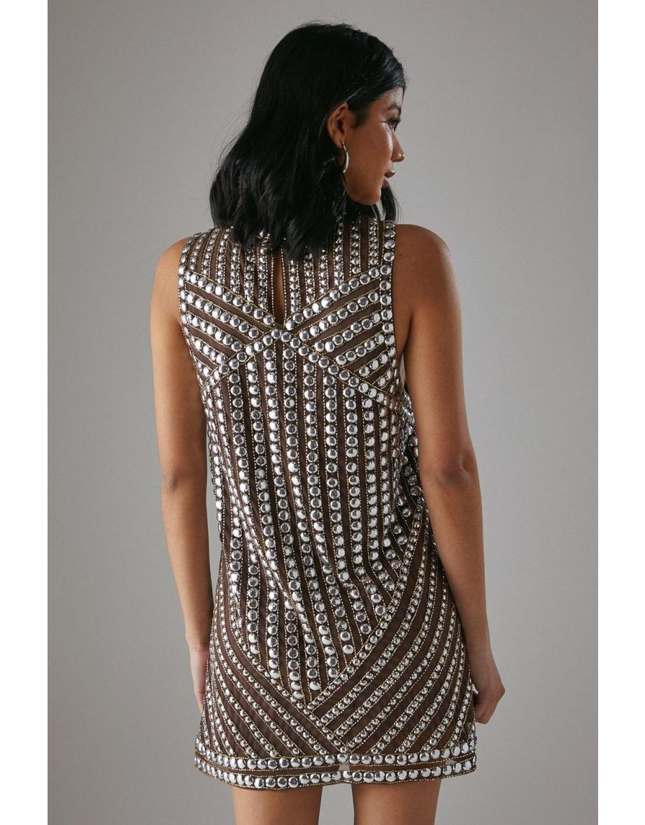 Hand Embellished Sequin Stud Drop Armhole Vest Mini Dress - 3