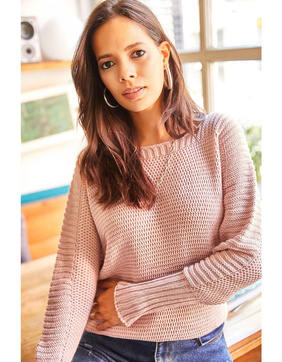 Women's Powder Sleeve Detailed Honeycomb Knit Sweater