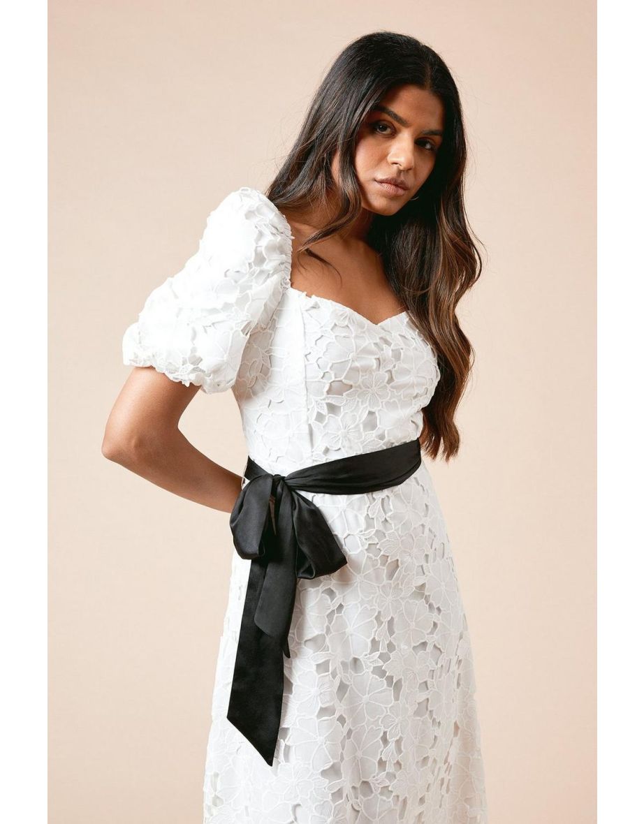 Petite DP Luxe Cutwork Lace Contrast Belt Midi Dress - 3