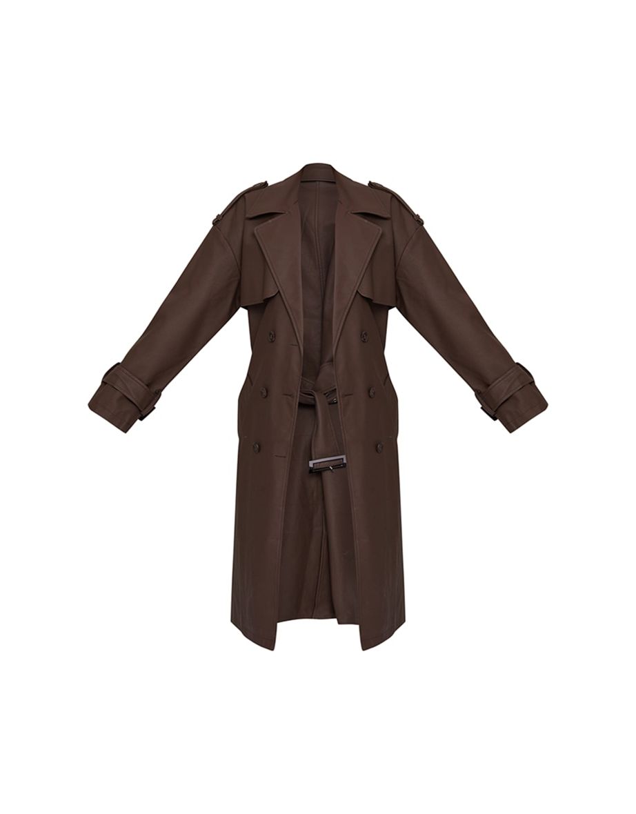 Petite Chocolate Faux Leather Statement Buckle Trench Coat - 4