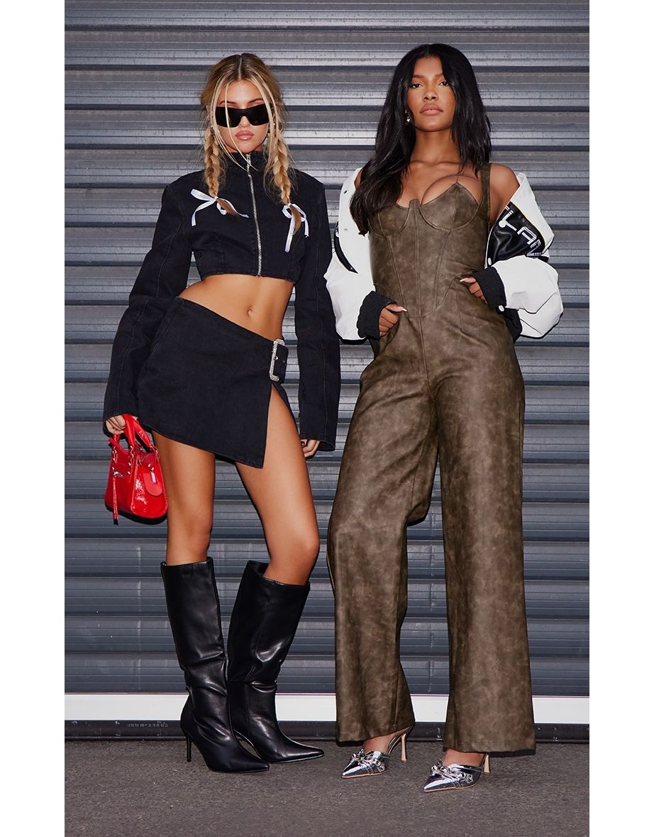 Black Long Flared Sleeve Denim Crop Top