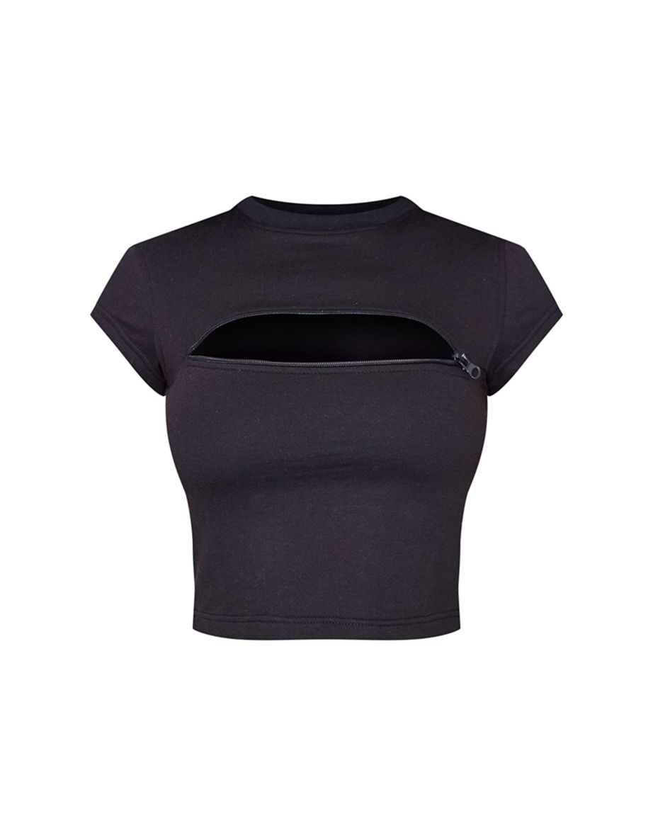 PRETTYLITTLETHING Black Zip Front Detail Fitted T-Shirt - 4