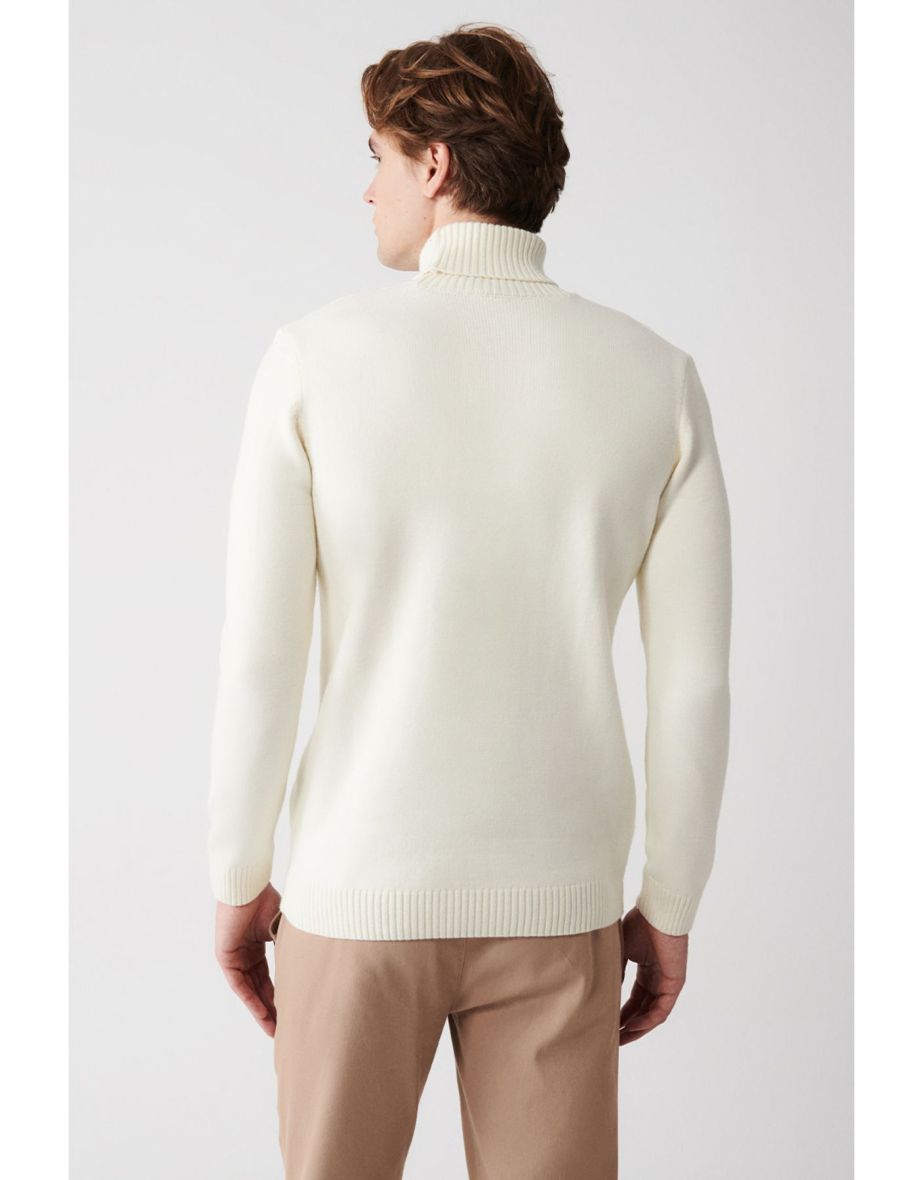Men's Ecru Turtleneck Soft Button Knitwear Sweater - 4