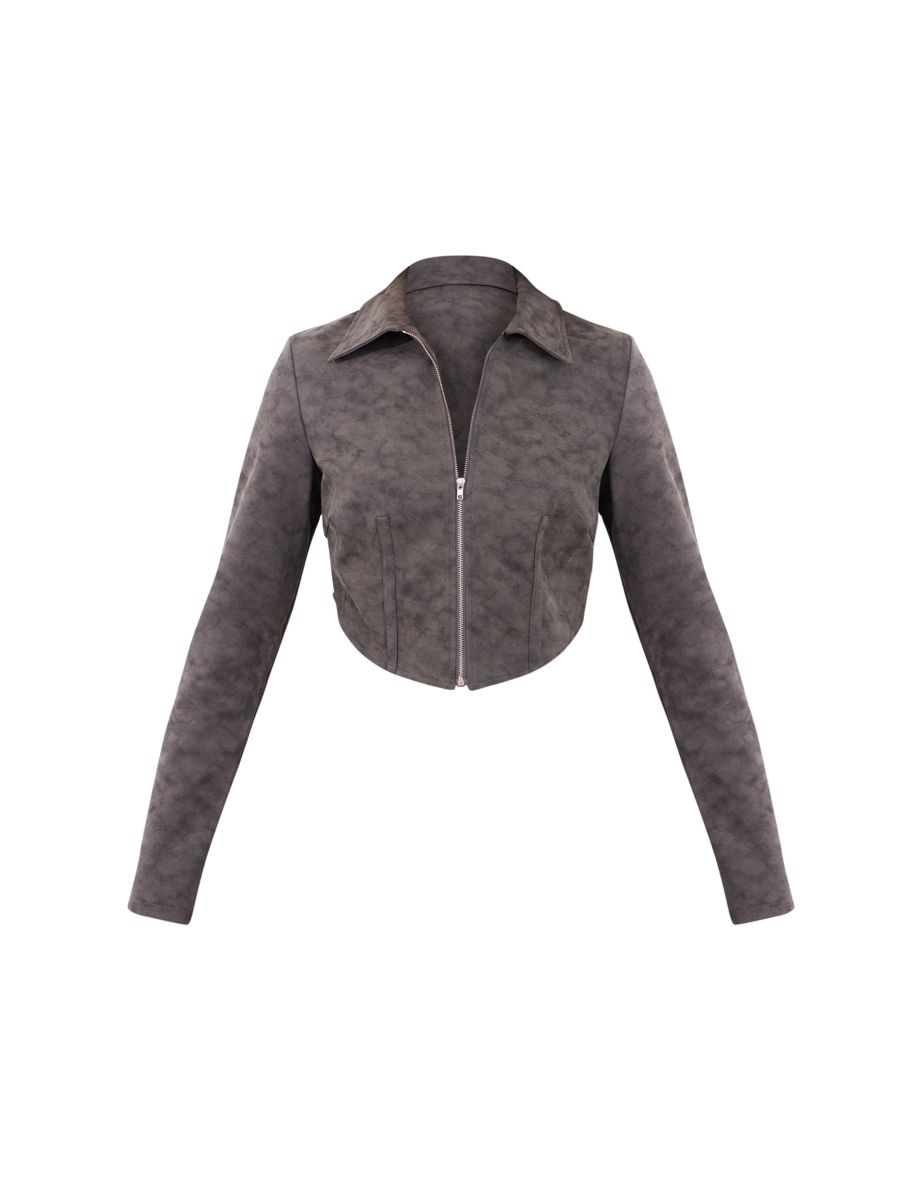 Petite Washed Grey Faux Leather Zip Up Crop Jacket - 4