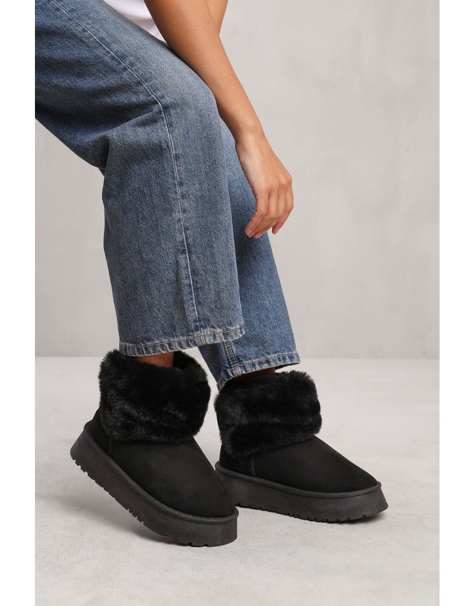 CLARA ANKLE SLIPPER BOOT WITH FAUX FUR LINING AND TRIM IN BLACK