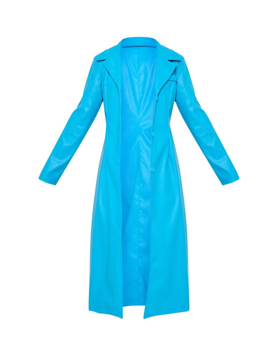 Aqua Faux Leather Button Up Trench Coat - 4