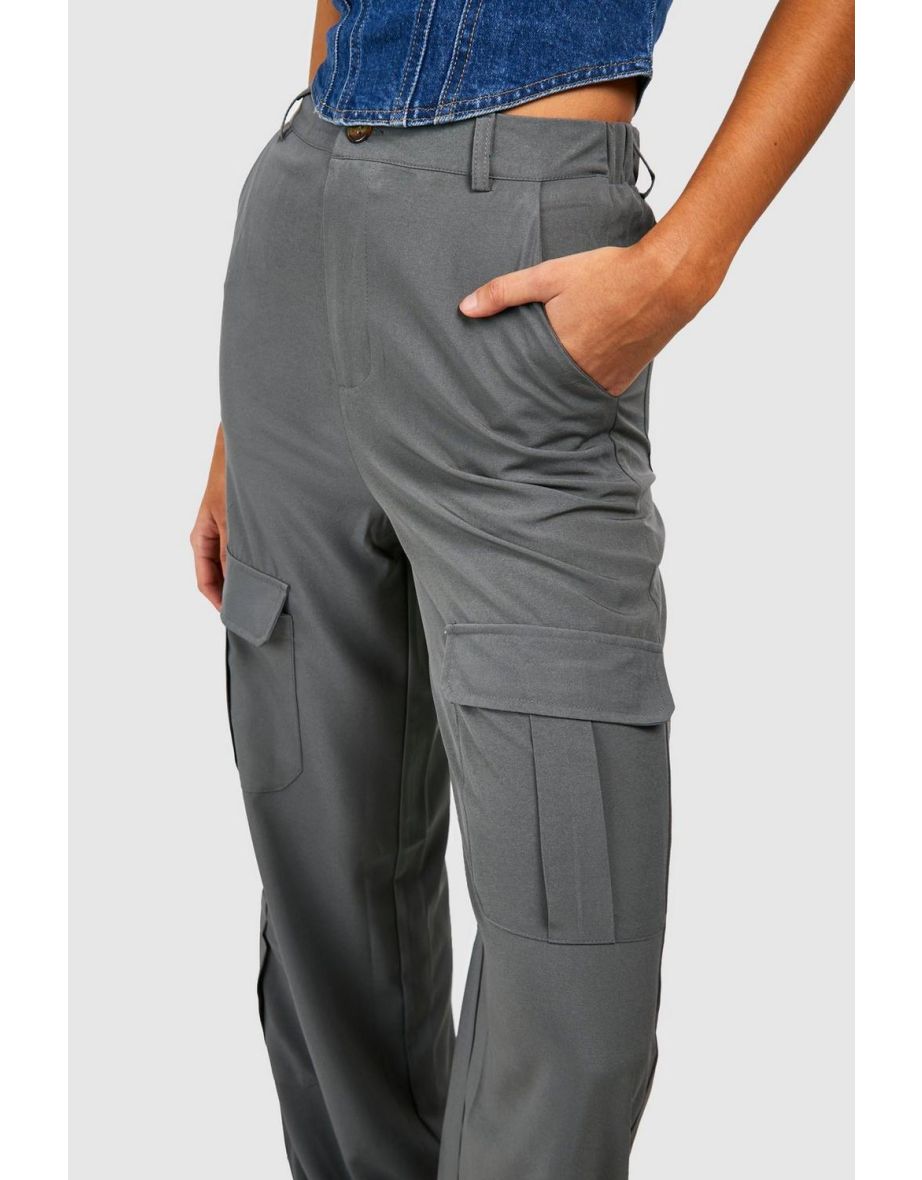 Tall Pocket Detail High Waisted Wide Leg Cargo Trousers - charcoal - 3