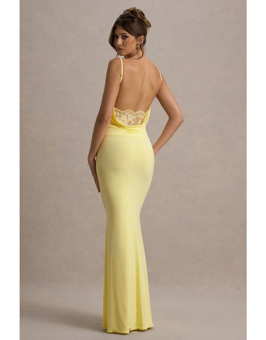 Francoise | Lemon Cowl Neck Backless Maxi Dress With Lace Insert - 5