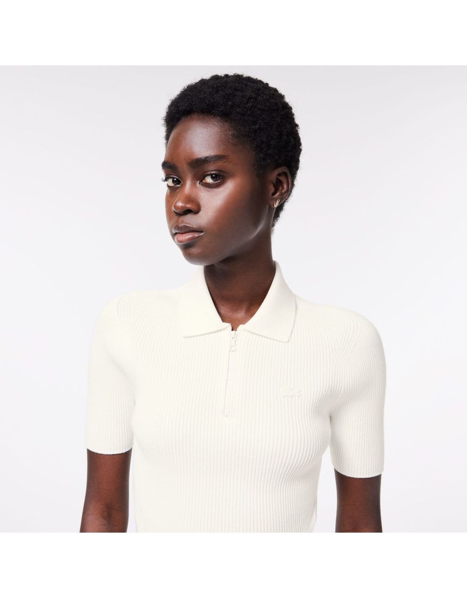 Women's Lacoste Zip Neck Rib Knit Polo Shirt in White - 5