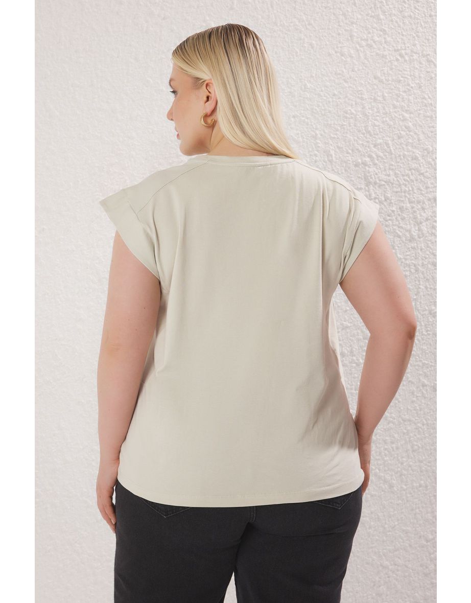 Beige Regular Fit 100% Cotton Knitted Plus Size T-shirt - 3