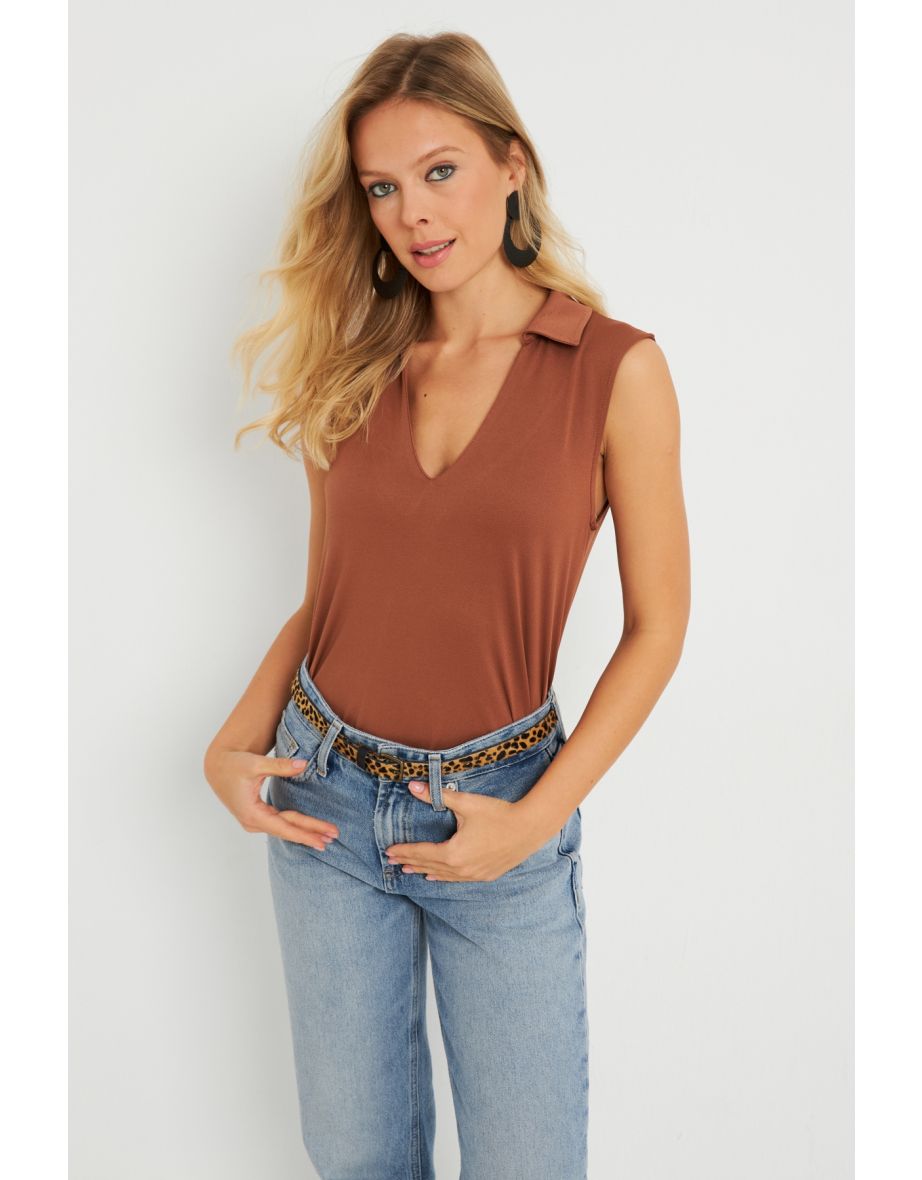 Women Polo Neck Blouse Almond