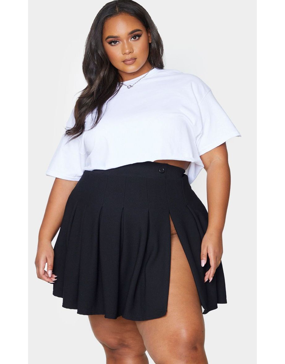 Plus Black Pleated Side Split Tennis Skirt