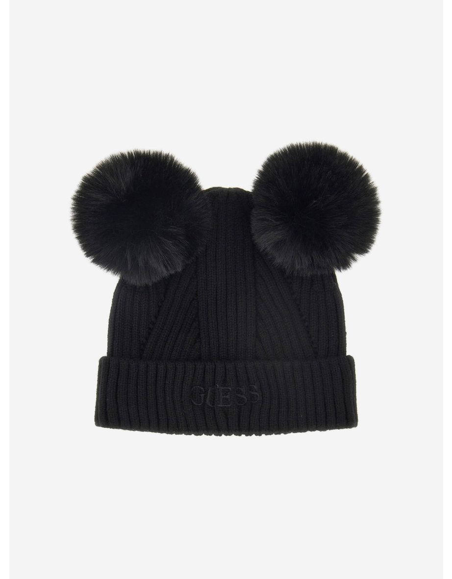 Guess Girls Knitted Pom Pom Hat in Black