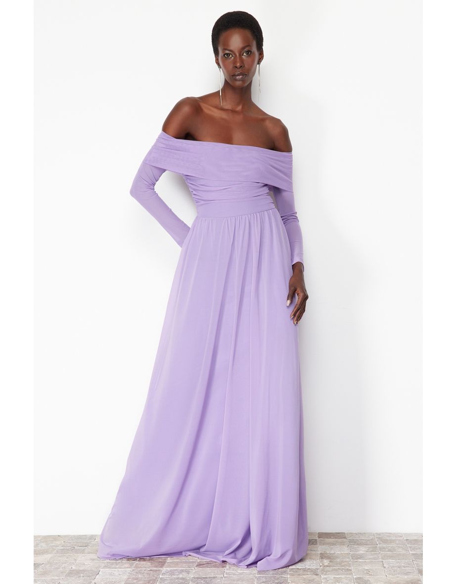 Shop Lilac Carmen Collar Tulle Long Evening Evening Dress Online in Iraq VogaCloset