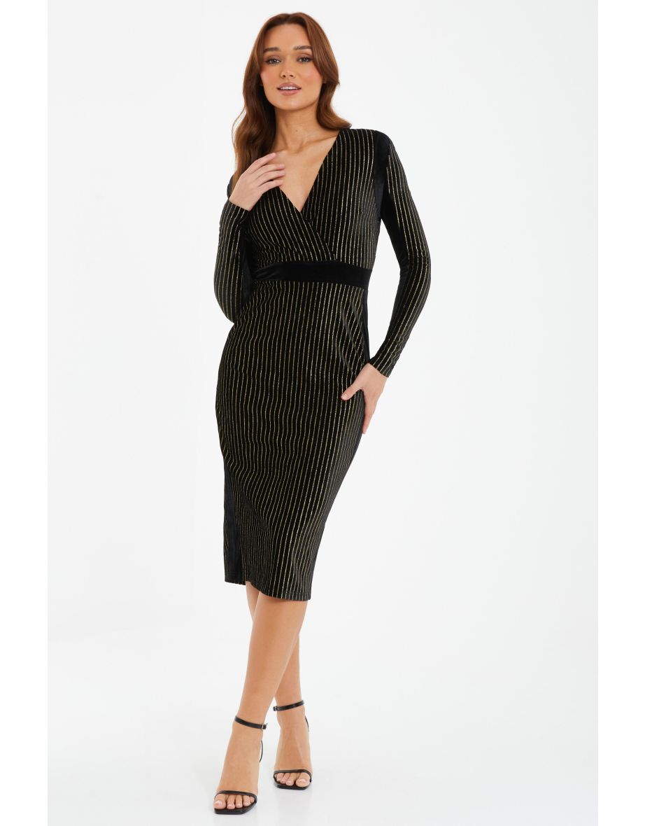 Black Velvet Stripe Midi Dress