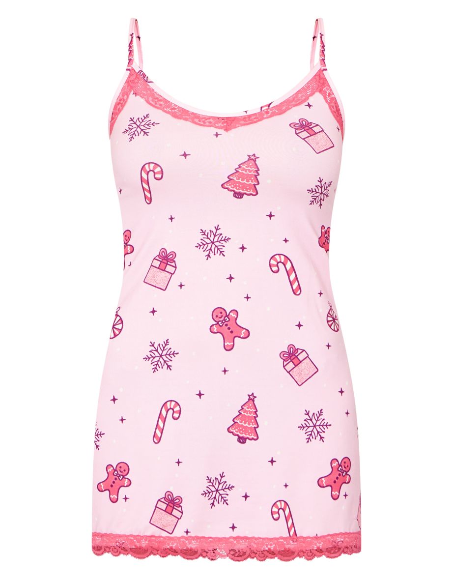 Pink Gingerbread Print Lace Trim Cami Nightie - 4