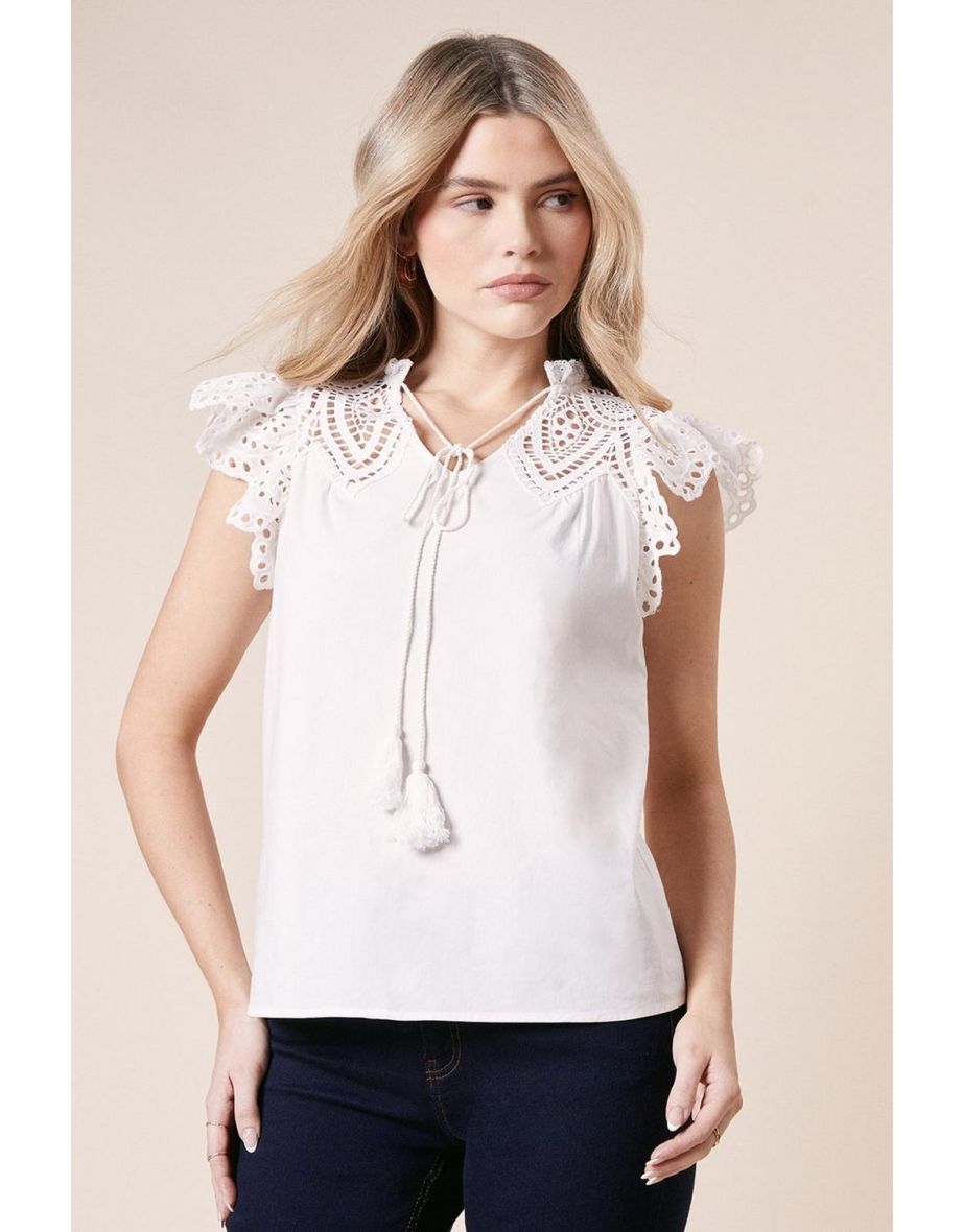 Cut-work Yoke Sleeveless Blouse