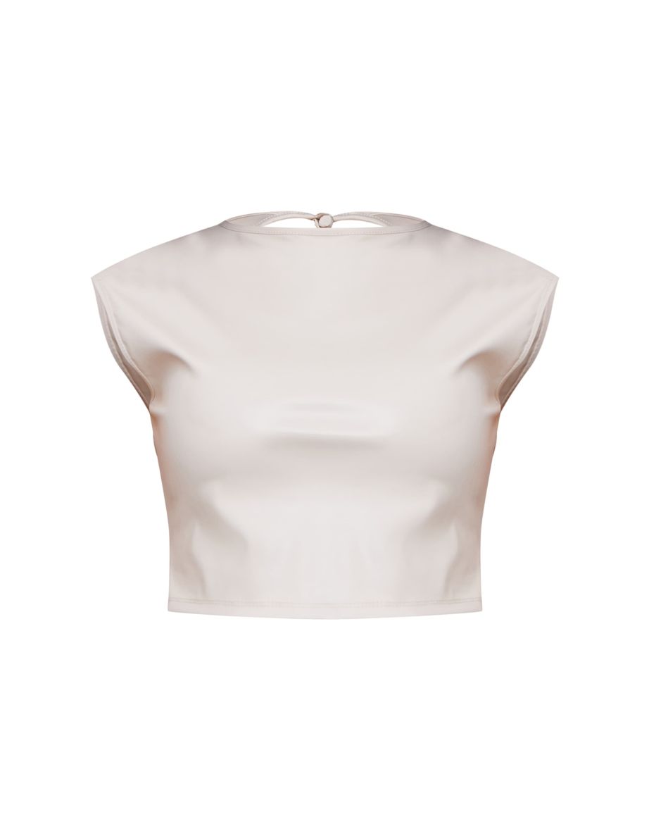 Cream Faux Leather Backless Crop Top - 4