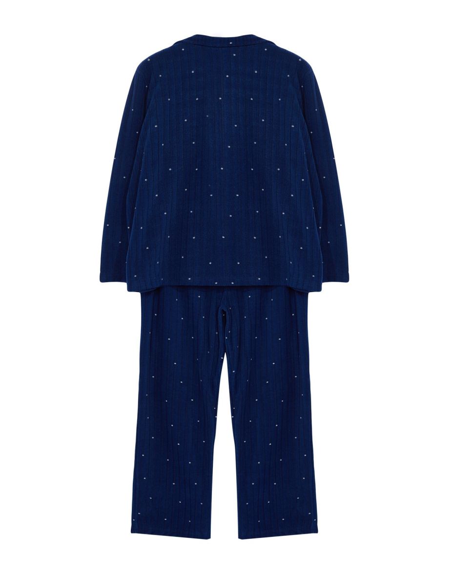 Navy Blue Polka Dot Shirt Collar Knitted Pajama Set - 1