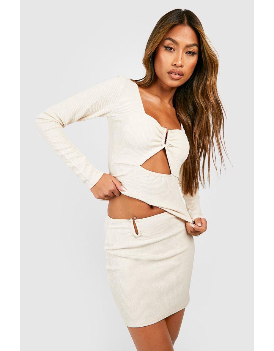 Ribbed Long Sleeve Cut Out Top & Low Rise Mini Skirt - cream