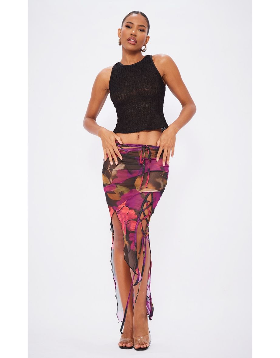 Multi Printed Mesh Asymmetric Hem Maxi Skirt