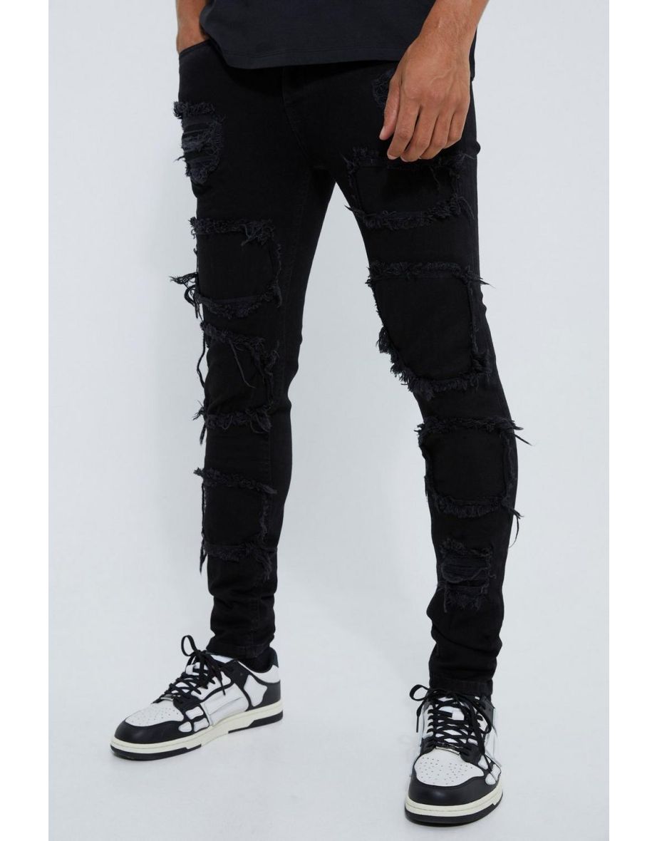 Skinny Stacked Distressed Ripped Jeans - true black