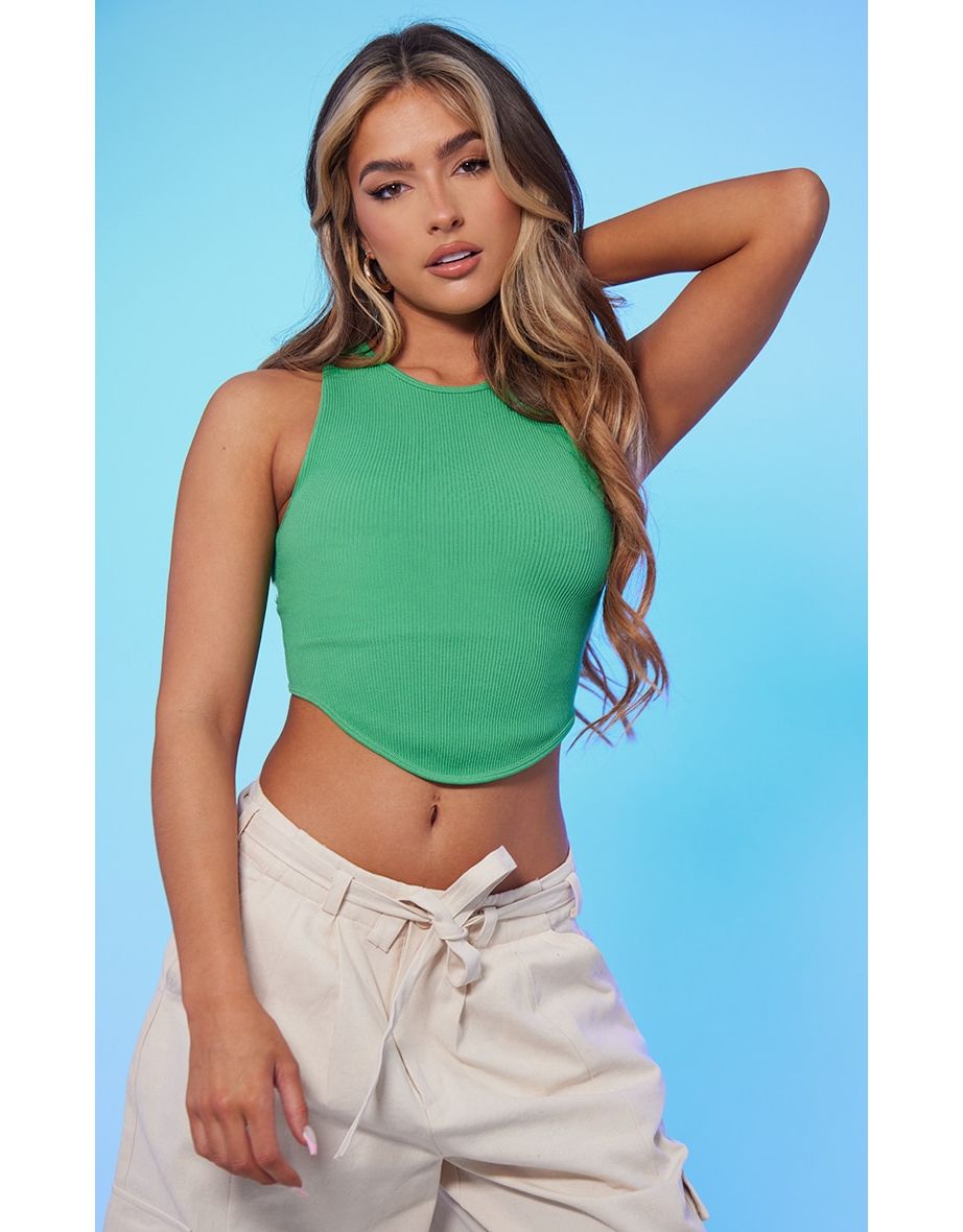 Bright Green Structured Contour Dip Hem Crop Top