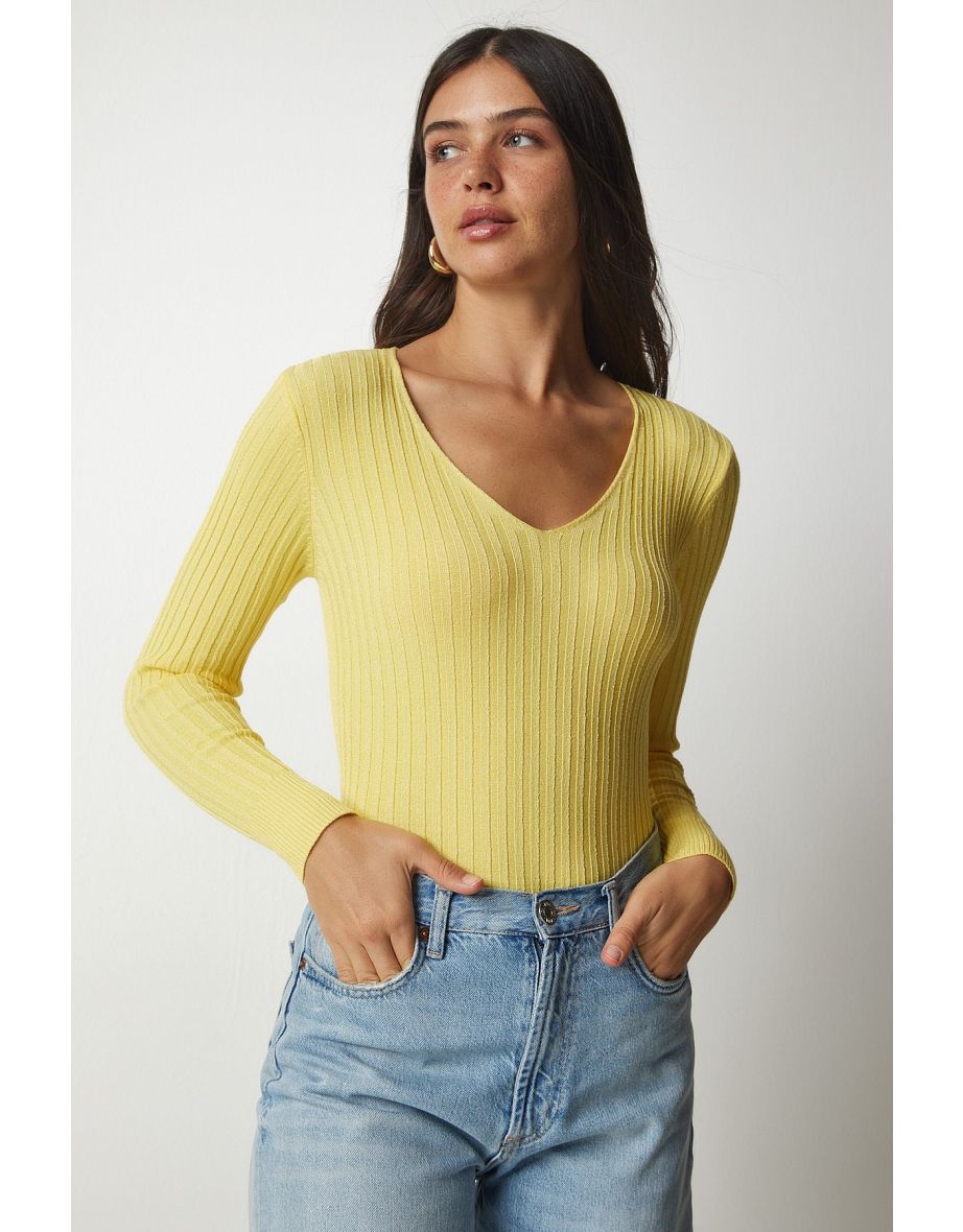 Yellow Knitted V-Neck Blouse