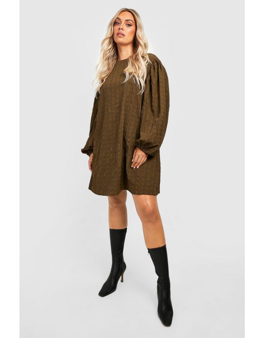 Plus Textured Long Sleeve Smock Dress - khaki