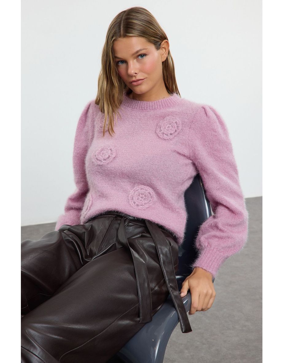 Pink Fuzzy Flower Embroidered Knitwear Sweater - 4