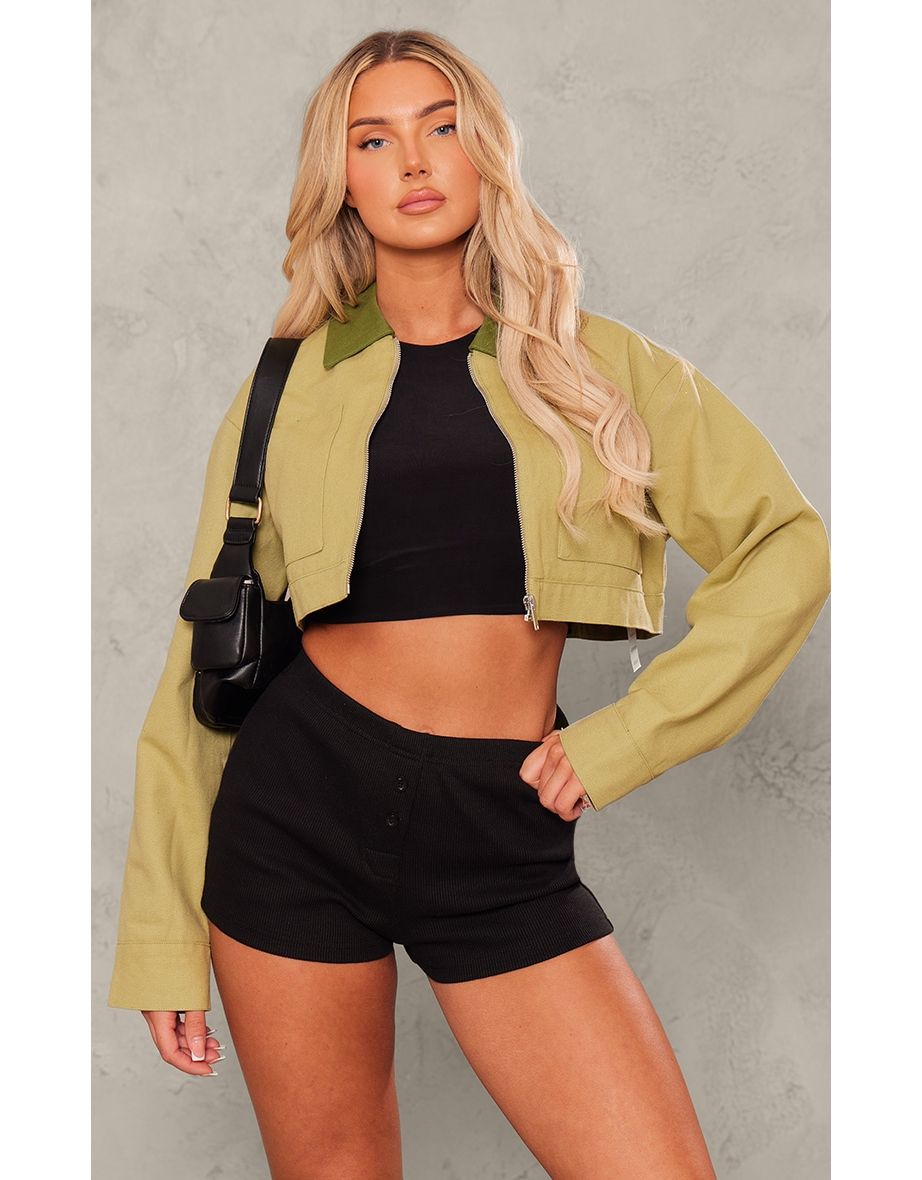 Sage Khaki Cotton Feel Contrast Collar Crop Jacket