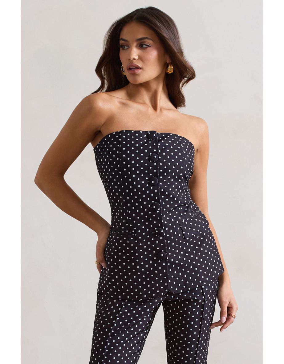ELLIANA | BLACK POLKA DOT STRAPLESS BUTTON FRONT TAILORED TOP - 5