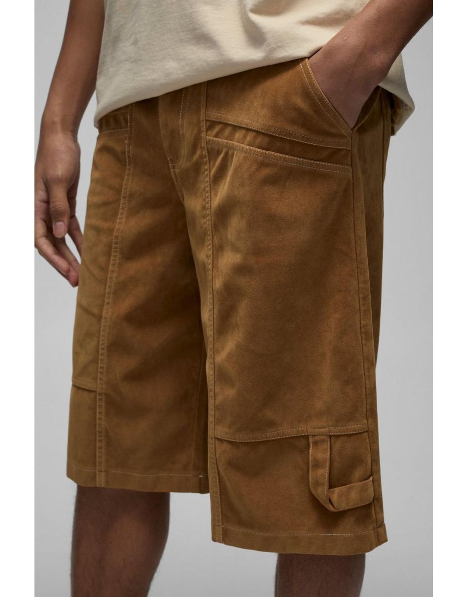 Baggy Long Length Heavyweight Suede Cargo Shorts - 2