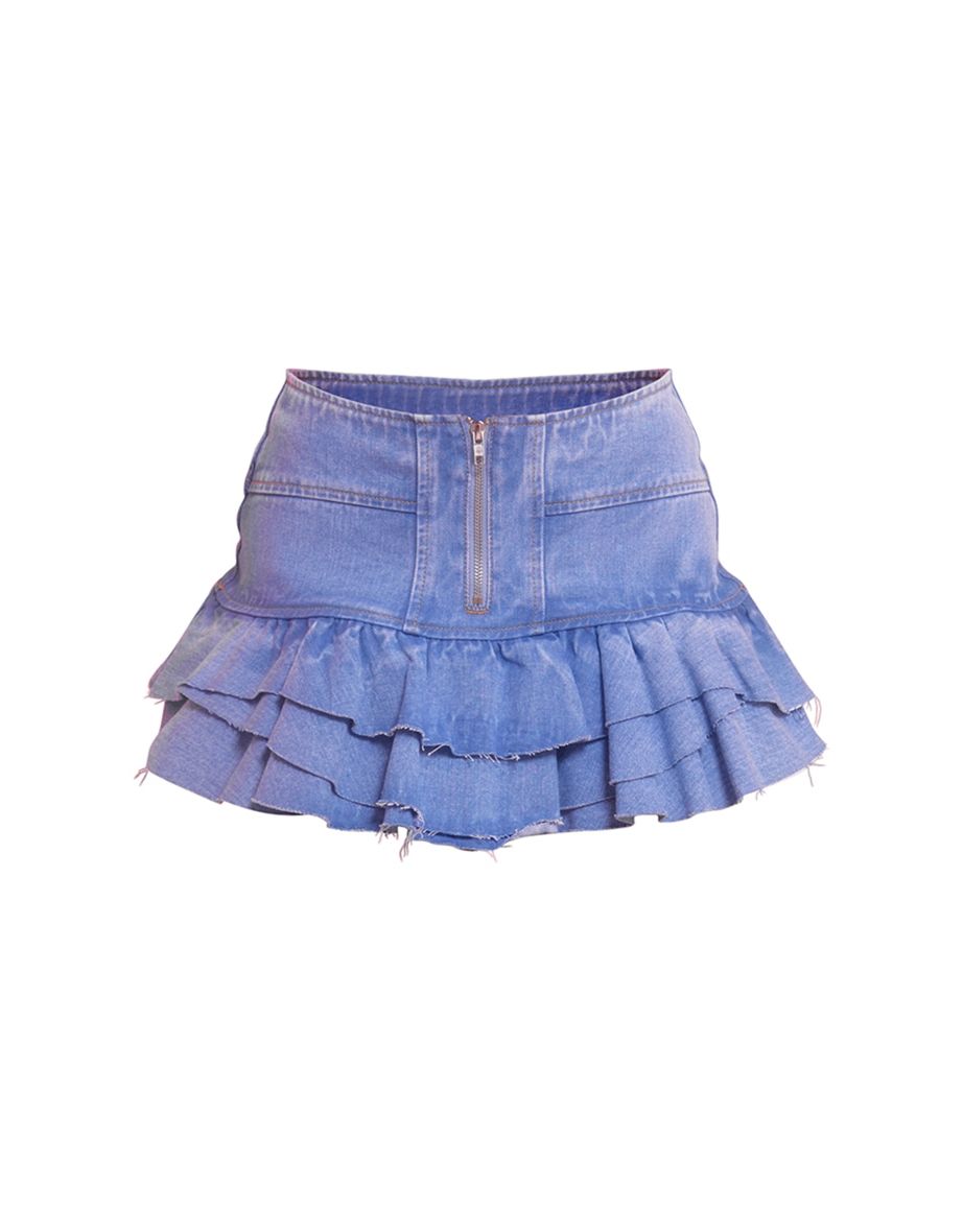 Light Blue Distressed Ruffle Hem Denim Mini Skirt - 5