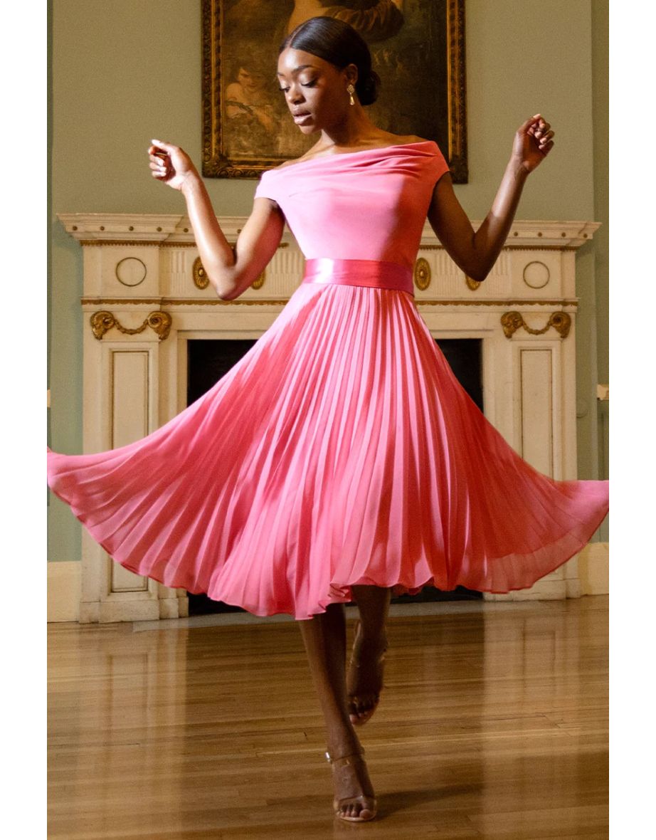 Goddiva Cowl Neck Pleated A-Line Chiffon Midi Dress