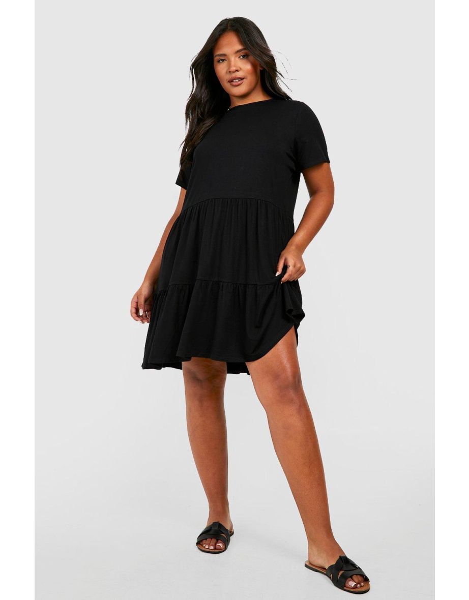 Plus Jersey Tiered Smock Dress - black