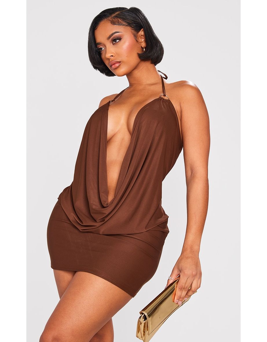Shape Chocolate Brown Slinky Ring Detail Cowl Neck Bodycon Dress