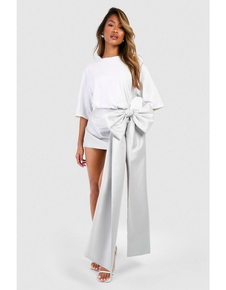 Premium Structured Bow Draped Satin Mini Skirt - silver