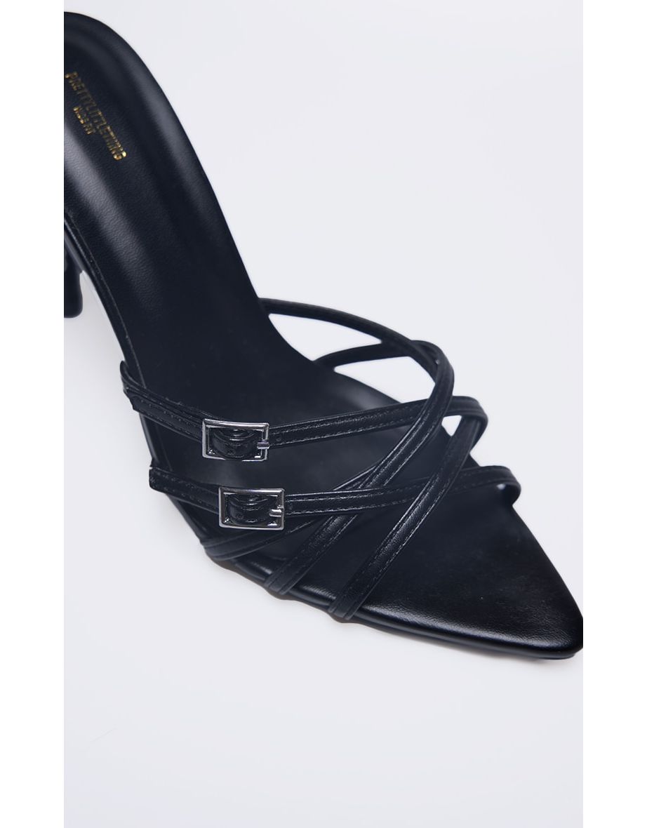 Black Wide Fit Pu Point Toe Cross Strap Buckle Heeled Mules - 3