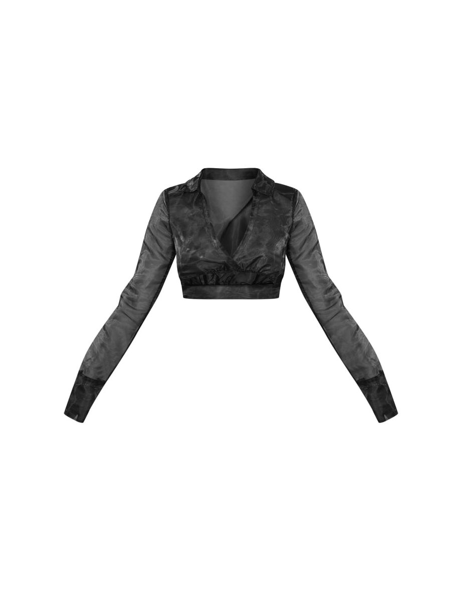 Black Organza Cut Out Crop Shirt - 4