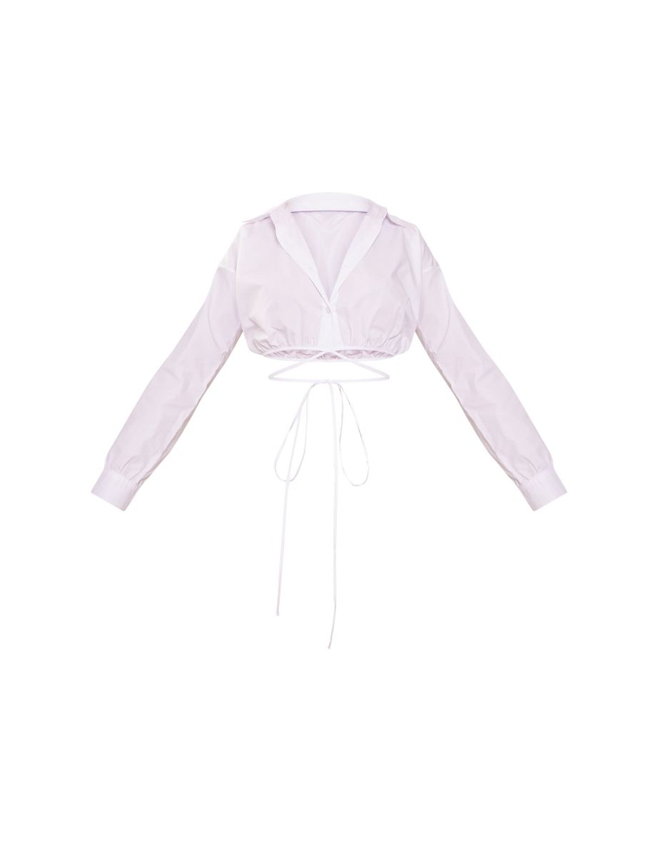 White Cropped Tie Waist Shirt - 4