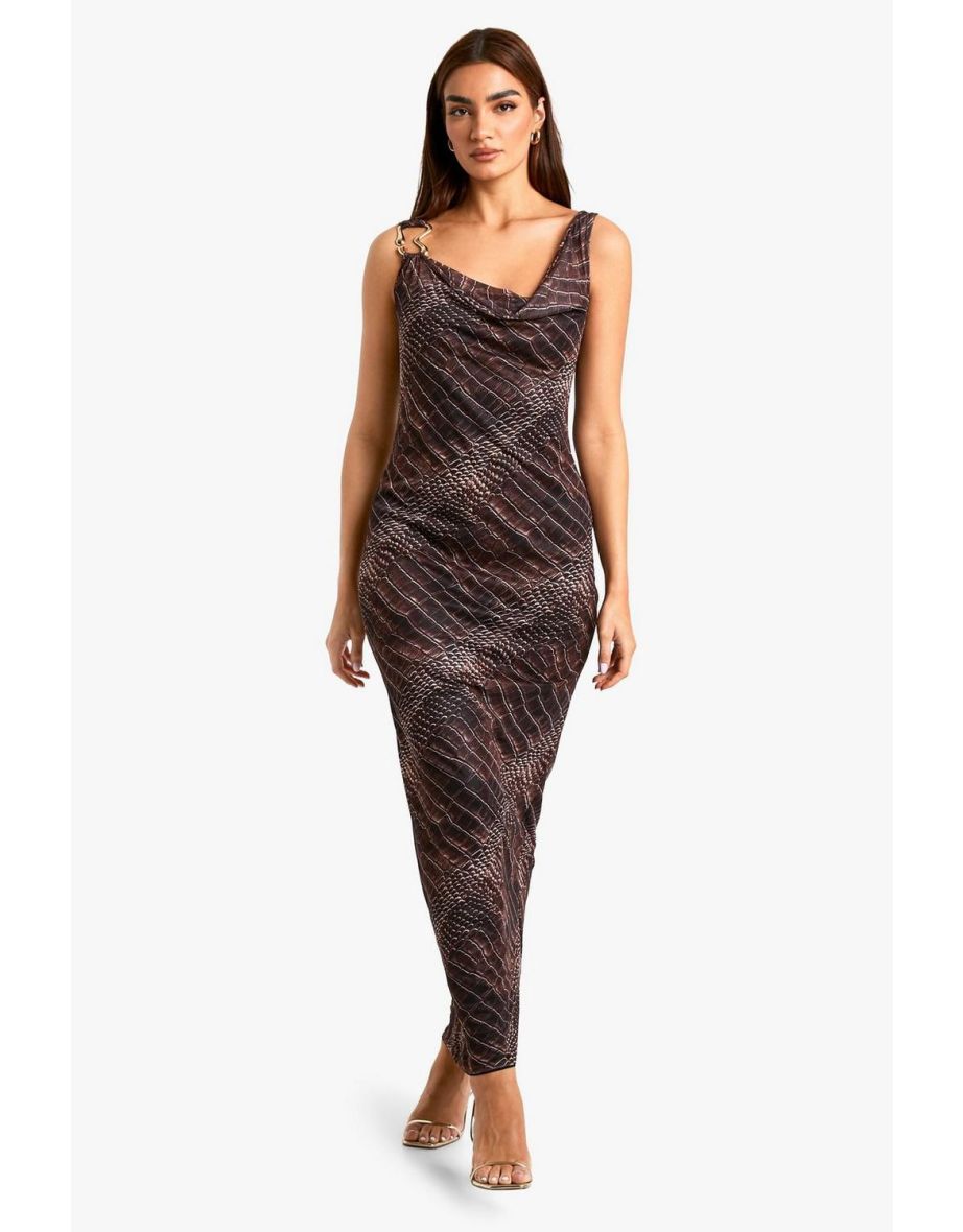 Shop Croc Print Cowl Mesh Slip Dress brown Online in Qatar VogaCloset