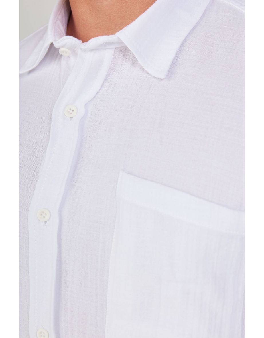 Men's White Comfort Fit Wide Cut Classic Collar 100% Cotton Muslin Shirt - 6