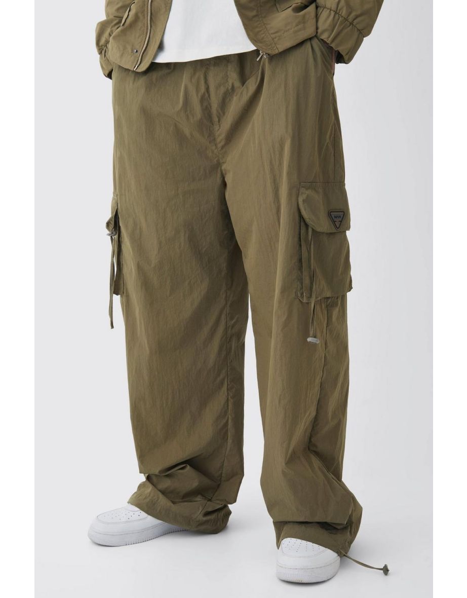 Tall Crinkle Nylon Cargo Parachute Trousers In Khaki - khaki