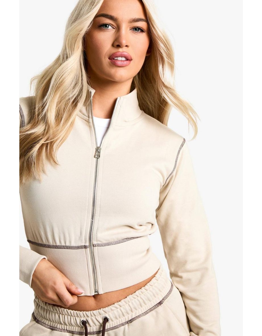 Contrast Stitch Shrunken Top And Flared Jogger Tracksuit - stone - 3